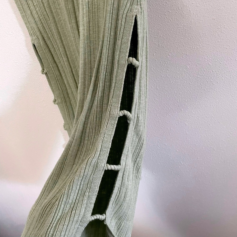 Free People FP Beach Sage Green Ribbed Knit Wide Leg Side Slit Pants Small Boho - Picture 4 of 9